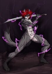 2023 abs absurd_res anthro biceps bone breasts cel_shading chromatic_aberration claws digital_drawing_(artwork) digital_media_(artwork) domestic_cat elwyna_(za-owl) felid feline felis female film_grain genitals hair hi_res holding_object holding_sword holding_weapon looking_at_viewer magic mammal markings melee_weapon nude pupils purple_eyes pussy red_hair shaded simple_background skull slit_pupils smile solo sparks standing sword weapon za-owl