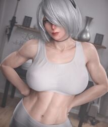 1girls 3d abs ass big_breasts breasts female female_only large_breasts lingerie looking_at_viewer looking_back nerohunter6 nier nier:_automata nier_(series) nipple_piercing nude nude_female pierced_nipples solo sports_bra thick_thighs white_hair yorha_2b