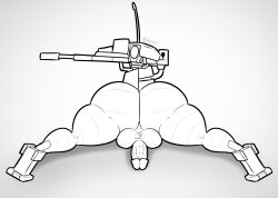 1_eye 2023 animate_inanimate antennae_(anatomy) ass balls big_butt biped digital_drawing_(artwork) digital_media_(artwork) erection genitals gun head_cannon hi_res humanoid humanoid_genitalia humanoid_penis living_gun living_machine living_ranged_weapon living_weapon looking_at_viewer looking_back machine male monochrome notherneon penis perineum presenting presenting_hindquarters ranged_weapon robot sentry_(ultrakill) simple_background solo solo_male thick_thighs toeless_feet ultrakill weapon white_background