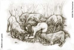 1female 2005 black_and_white bondage forest_background handdrawn imminent_zoophilia the_veterinarian tree_stump wolves