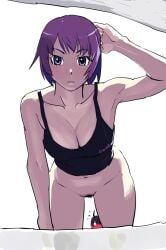 araragi_koyomi black_shirt breasts ei-chan_(pixiv89976105) monogatari_(series) no_panties no_pants purple_hair senjougahara_hitagi shirt tank_top