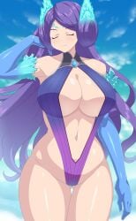 1girls bare_legs big_breasts bikini brighid_(xenoblade) cleavage closed_eyes core_crystal female fiery_hair long_hair muchun nintendo purple_hair sling_bikini solo solo_female swimsuit xenoblade_(series) xenoblade_chronicles_2