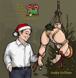 2008 anal_insertion arms_tied_behind_back barefoot bells bondage christmas christmas_tree female male mistletoe naked red_hair rope_bondage santa_hat suspension the_veterinarian