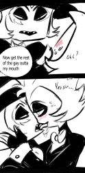 crimson_(helluva_boss) cum_in_mouth demon father_and_son helluva_boss imp incest kissing male/male moxxie_(helluva_boss)