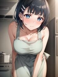 ai_generated apron_only bent_over black_hair blush breasts closed_mouth completely_nude cooking_pot eyes kirigaya_suguha kitchen naked naked_apron short_hair sword_art_online