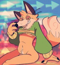 anthro bottomless canid canine clothed clothing clothing_lift flaccid fox fur genitals hi_res male mammal navel orange_body orange_fur penis penis_base salamikii shirt shirt_lift sitting smug solo sweater topwear yellow_sclera