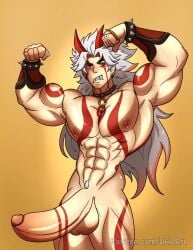 arataki_itto balls bara big_penis body_markings boner dhd_art erection flexing genshin_impact horns male male_only muscles muscular nude oni penis solo solo_male white_hair