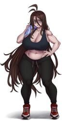 angry_face big_breasts blue_eyes brown_hair chubby_female clothed commissioner_upload female freckles genderswap_(mtf) long_hair muscles necozuki neet post_workout sports_bra sweat sweat_pants thefocuswobbler thick_thighs timbs yoga_pants