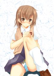 10s 1girls 2010 bare_thighs blush brown_hair childish_panties female gekota_panties hair_ornament hairclip looking_at_viewer loose_socks matching_hair/eyes miniskirt misaka_mikoto panties pantyshot pirrot school_uniform schoolgirl short_hair sitting skirt socks solo sweater_vest teenage_girl teenager thighs to_aru_kagaku_no_railgun to_aru_majutsu_no_index tokiwadai_school_uniform underwear white_background white_panties white_socks young