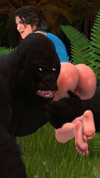 1girls 3d ape aroused aroused_female ass barefoot black_fur blue_tank_top bottomless bottomless_female brown_hair carrying carrying_another carrying_over_shoulder feet female gorilla jungle lara_croft lara_croft_(survivor) lifting looking_back looking_behind mktrreekky open_mouth over_the_shoulder ponytail primate pussy size_difference soles source_filmmaker tank_top toes tomb_raider tomb_raider_(survivor) vagina zoophilia