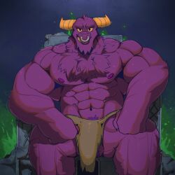 2_horns abs anthro balls bovid bovine bulge cattle demon_bull_king facial_piercing flaccid furry genitals hi_res horn husk3r0 lego_monkie_kid male male_only mammal muscular muscular_anthro muscular_male nipples nose_piercing piercing purple_body solo solo_male teeth