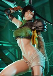 3d 3d_(artwork) billyhhyb black_hair brown_eyes cute dark_hair female_ninja female_torso final_fantasy final_fantasy_vii final_fantasy_vii_remake green_clothing green_topwear headband long_legs looking_at_viewer midriff midriff_baring_shirt ninja sfw short_black_hair short_hair short_shorts slim smiling smiling_at_viewer thighs toned toned_female toned_stomach underboob yuffie_kisaragi