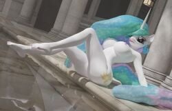 3d 3d_(artwork) anthro anthrofied blue_hair breasts equid equine feet female friendship_is_magic green_hair hair hasbro horn long_hair lumimation mammal multicolored_hair multicolored_tail my_little_pony pink_hair pool princess_celestia_(mlp) sitting solo tail unicorn white_body white_skin