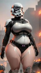 1girls abs ai_generated armor big_breasts breasts female female_only helmet large_breasts sci-fi science_fiction solo star_wars stormtrooper sweat thick_thighs tight_clothing