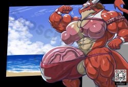 5_fingers abs anthro areola balls beach biceps big_muscles big_penis biped countershade_face countershade_torso countershading dragon fingers genitals hi_res horn huge_cock huge_muscles hyper hyper_genitalia hyper_muscles hyper_nipples hyper_penis male masterelrest me_(master_elrest) muscular muscular_anthro muscular_male nipples pecs penis qr_code quads red_body seaside solo tail vein veiny_penis