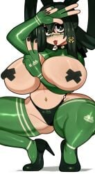 1girls bikini_top black_eyes blush breasts cleavage female_only green_hair huge_breasts long_hair looking_at_viewer melonpuff my_hero_academia nipple_pasties pasties solo spread_legs squatting taped_nipples thick_thighs thighs tsuyu_asui