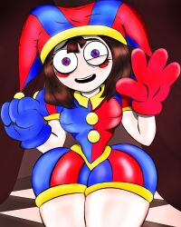 2023 2d 2d_(artwork) 2d_artwork artist_request breasts brown_hair female glitch_productions gloves gooseworx jester jester_costume jester_hat jester_outfit looking_at_viewer pomni pomni_(the_amazing_digital_circus) short_hair small_breasts tagme the_amazing_digital_circus thick_thighs