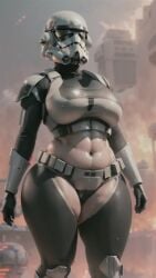 abs ai_generated armor big_breasts female female_only large_breasts sci-fi science_fiction solo star_wars stormtrooper sweat thick_thighs tight_clothing