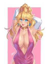 1girls arm_gloves armpits arms_behind_head arms_up bare_hips big_breasts blonde_hair blue_eyes breasts child_bearing_hips choker cleavage clothing dick_sucking_lips dress elbow_gloves female female_only gloves high_ponytail isabongos large_breasts long_hair long_ponytail looking_at_viewer mario_(series) nintendo pink_background pink_dress ponytail pose posing princess_peach sexy_armpits simple_background smile smiling_at_viewer solo standing tied_hair