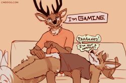 2023 anthro anthro_on_anthro antlers ball_fondling balls biped brown_body brown_fur canid canine canis cantio_(lawyerdog) countershade_torso countershading coyote deer dialogue digital_media_(artwork) duo ear_twitch english_text erection flaccid fondling foreskin fur furniture genitals hand_on_penis horn humanoid_genitalia humanoid_penis interspecies lawyerdog lying male male/male mammal on_back on_sofa panko_(lawyerdog) penis smile sofa tan_body tan_fur text white_balls white_body white_fur white_inner_ear