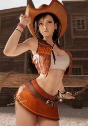 1girls 3d 3d_(artwork) belly belly_button big_breasts billyhhyb black_hair bracelet busty cowboy_hat cowgirl cowgirl_hat cowgirl_outfit earrings female female_focus female_only final_fantasy final_fantasy_vii final_fantasy_vii_remake fit_female large_breasts long_black_hair long_hair midriff midriff_baring_shirt red_eyes sfw skirt solo tifa_lockhart toned