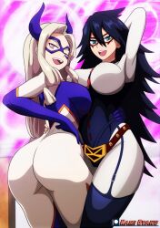 2girls alternate_version_available ass big_ass big_breasts black_hair black_thighhighs blue_eyes breasts clothing domino_mask eyewear female female_only garter_straps hair hand_behind_head hand_on_hip hero_outfit_(mha) hips huge_ass huge_breasts kami_otaku legwear long_hair midnight_(my_hero_academia) mole mole_under_eye mount_lady my_hero_academia nemuri_kayama one_eye_closed purple_eyes thick_thighs thighhighs thighs wink yuu_takeyama