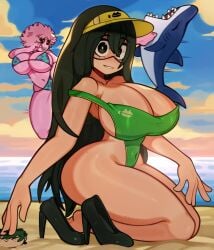 2girls alternate_breast_size antennae ass beach big_breasts bikini black_sclera breasts curly_hair female from_side green_hair huge_breasts kicking looking_at_viewer melonpuff mina_ashido my_hero_academia pink_body pink_hair pink_skin shark swimsuit thick_thighs thighs tsuyu_asui yellow_eyes