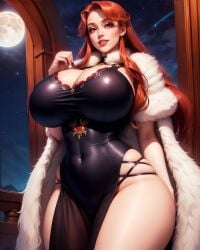 1girls ai_generated big_breasts bimbo breasts castlevania castlevania_(netflix) cleavage curvy dress female female_only fur_coat hi_res hourglass_figure huge_breasts kw0337 large_breasts lenore_(castlevania) long_hair orange_hair pale_skin pointy_ears red_eyes red_hair skimpy thick_thighs thighs tight_clothing vampire voluptuous