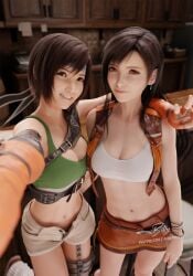 2girls 3d 3d_(artwork) belly belly_button big_breasts billyhhyb black_hair breasts brown_eyes cowgirl cowgirl_outfit cute earrings female_focus female_only final_fantasy final_fantasy_vii final_fantasy_vii_remake green_clothing green_topwear headband large_breasts long_black_hair long_hair looking_at_viewer midriff perky_breasts red_eyes selfie sfw short_black_hair short_hair short_shorts skirt slim_waist tifa_lockhart white_topwear yuffie_kisaragi