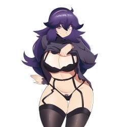 1girls bra breasts color dress_lift garter_belt garter_straps hex_maniac human lingerie looking_at_viewer panties pokemon pubic_hair purple_eyes purple_hair reddishfoxo solo suspenders thighhighs voluptuous white_background wide_hips