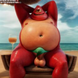 4k ai_generated ass background_character balls beach belly big_ass big_belly chubby chubby_male cyclops hands_behind_head hands_on_ass highres hotel_transylvania looking_back male male_only matronai_(artist) monster overweight overweight_male patreon patreon_username penis pinup red_skin speedo stable_diffusion to twitter_username