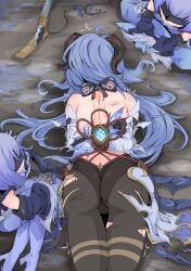 3girls arms_behind_back arms_tied arms_tied_behind_back ass back back_view beaten blue_hair bondage bow bow_(weapon) bruise clothed cryo_cicin_mage_(genshin_impact) dagger defeated defeated_heroine faceless_character female female_only ganyu_(genshin_impact) genshin_impact horn horns ice imminent_rape imminent_sex long_hair mask multiple_girls rape red_rope restrained ribbon ripped_tights rope ryona scratches short_hair shoulder_blades solo_focus thighs tights torn_tights trembling ttptt yuri