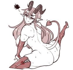 demon_girl demon_horns demon_tail horns mole mole_on_ass mole_on_breast pierced_ears pierced_nipples piercings red_eyes redrabbu splits sweat tail thighhighs yew_(cliffpadfoot)