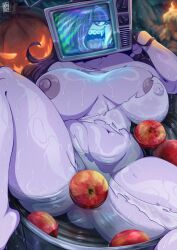 1girls androjuniarto apple apple_bobbing ass big_ass big_breasts braces breasts bucket candle covered_pussy fangs female female_only fruit hair_over_one_eye jack-o'-lantern legs_apart long_tongue looking_at_viewer nipples original purple_eyes solo thick_thighs tv_head tv_zheng_(androjuniarto) water wet_clothes wide_hips