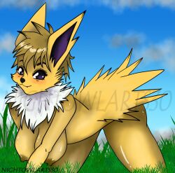 anthro anthrofied areola big_breasts black_nose blonde_hair blush breasts eeveelution fangs fur generation_1_pokemon grass hair jolteon nightowlarts30 nintendo nipples plant pokemon pokemon_(species) pokemorph smile solo white_body white_fur yellow_body yellow_fur