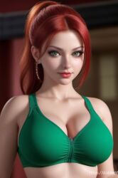 ai_generated bare_shoulders big_breasts cleavage earrings green_bra green_eyes lipstick looking_at_viewer makeup ponytail red_hair sports_bra tagme zipper