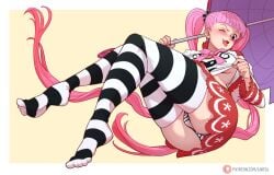 artist_name ass crossed_legs feet female female_only full_body gintsu holding holding_umbrella huge_ass long_hair looking_at_viewer miniskirt naughty_face one_eye_closed one_piece panties parted_lips perona pink_hair pre-timeskip red_skirt shirt skirt smile solo standing striped striped_legwear striped_panties striped_thighhighs thighhighs thong tongue tongue_out twintails umbrella underwear very_long_hair white_panties white_shirt wide_hips wink