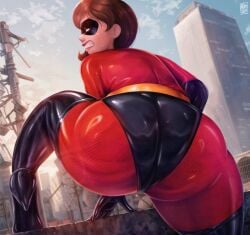 1girls androjuniarto ass big_ass bodysuit brown_hair bubble_butt climbing clothing fat_ass female female_only helen_parr huge_ass large_ass looking_at_viewer looking_back mask milf mother solo sweat the_incredibles thick_ass thick_thighs wide_hips