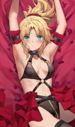 armpit armpits arms_up bed bikini blush blush carpet fate/grand_order fate_(series) female female_only green_eyes lying_on_bed medium_hair mordred_(fate) swimsuit tonee white_skin yellow_hair