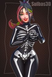 1girls 3d black_hair blinking body_paint bodypaint breasts cameltoe choker completely_nude cute earrings female female_solo fortnite green_eyes green_hair halloween halloween_costume heart helsie_(fortnite) lipstick looking_at_viewer multicolored_hair nipples nude nude_female painted_clothes portrait pussy pussy_juice_drip red_hair skeleton skeleton_print skeleton_suit smile solo solo_female sulbas3d thick_thighs thighs three-quarter_portrait trick_or_treat vagina wide_hips wink winking_at_viewer