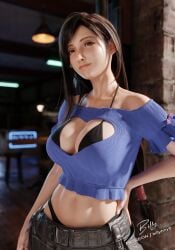 1girls 3d 3d_(artwork) abs athletic_female belly_button big_breasts bikini_top billyhhyb black_hair black_skirt blue_shirt blue_topwear breasts final_fantasy final_fantasy_vii final_fantasy_vii_remake fit_female large_breasts light-skinned_female long_hair midriff red_eyes revealing_clothes revealing_outfit revealing_swimsuit sfw skirt slim_waist solo tifa_lockhart toned_female wide_hips