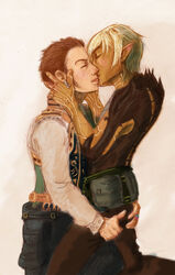 2boys balthier clothed crossover dragon_age_2 elf fenris_(dragon_age) final_fantasy final_fantasy_xii gay kissing male male_only multiple_boys tagme tattoo