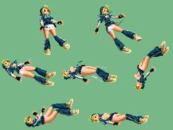 1girls blonde_hair breasts breasts_out clothes_ripping gloves green_background king_of_fighters light-skinned_female light_skin malin on_back on_floor panties pixel_art shoes skirt sprite sprite_sheet