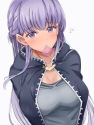 1girls bangs bedroom_eyes breasts cleavage condom condom_in_mouth cute embarrassed female female_only fire_emblem fire_emblem:_the_binding_blade large_breasts long_hair looking_at_viewer nintendo pointy_ears purple_eyes purple_hair solo sophia_(fire_emblem) toshimasa unopened_condom_wrapper upper_body very_long_hair white_background