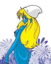 blue_skin breasts female female_only hat koku-chan mostly_nude side_view smurf smurfette solo standing tagme the_smurfs