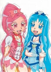 bow censored cosplay crossover cure_blossom cure_marine erika_kurumi flat_chest fresh_pretty_cure heartcatch_precure! ken_hayakawa magical_girl medium_breasts miki_aono peeing pretty_cure rin_natsuki tsubomi_hanasaki yes!_precure_5