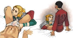 abs anders_(dragon_age) bed black_hair blush bulge clothes cum cum_on_face dragon_age dragon_age_2 dragon_age_awakening fellatio hair hawke human humanoid kissing male multiple_males oral pants syberfox yaoi yellow_hair