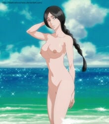 1girls beach bleach blush braid destinationchaos female female_only hand_on_head naked nude_filter outdoors outside public_nudity ribbon screencap single_braid solo tagme unohana_retsu