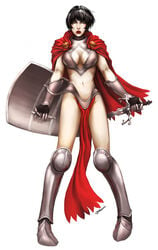 1girls 2010s 2011 armor artist_name barely_clothed bikini_armor black_hair boots breasts cape cleavage clothing female female_knight female_only gauntlets goddess grey_eyes iomedae knight light-skinned_female light_skin lipstick loincloth looking_at_viewer makeup medium_breasts paladin pathfinder red_cape red_lips red_lipstick scars short_hair simple_background solo standing sword watermark weapon white_background yuikami-da