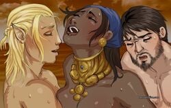 breasts color dark-skinned_female dark_skin dragon_age dragon_age_2 dragon_age_origins elf facial_hair female happy_sex hawke interracial isabela isabela_(dragon_age) male mmf_threesome nesoun open_mouth pirate smile threesome zevran_arainai